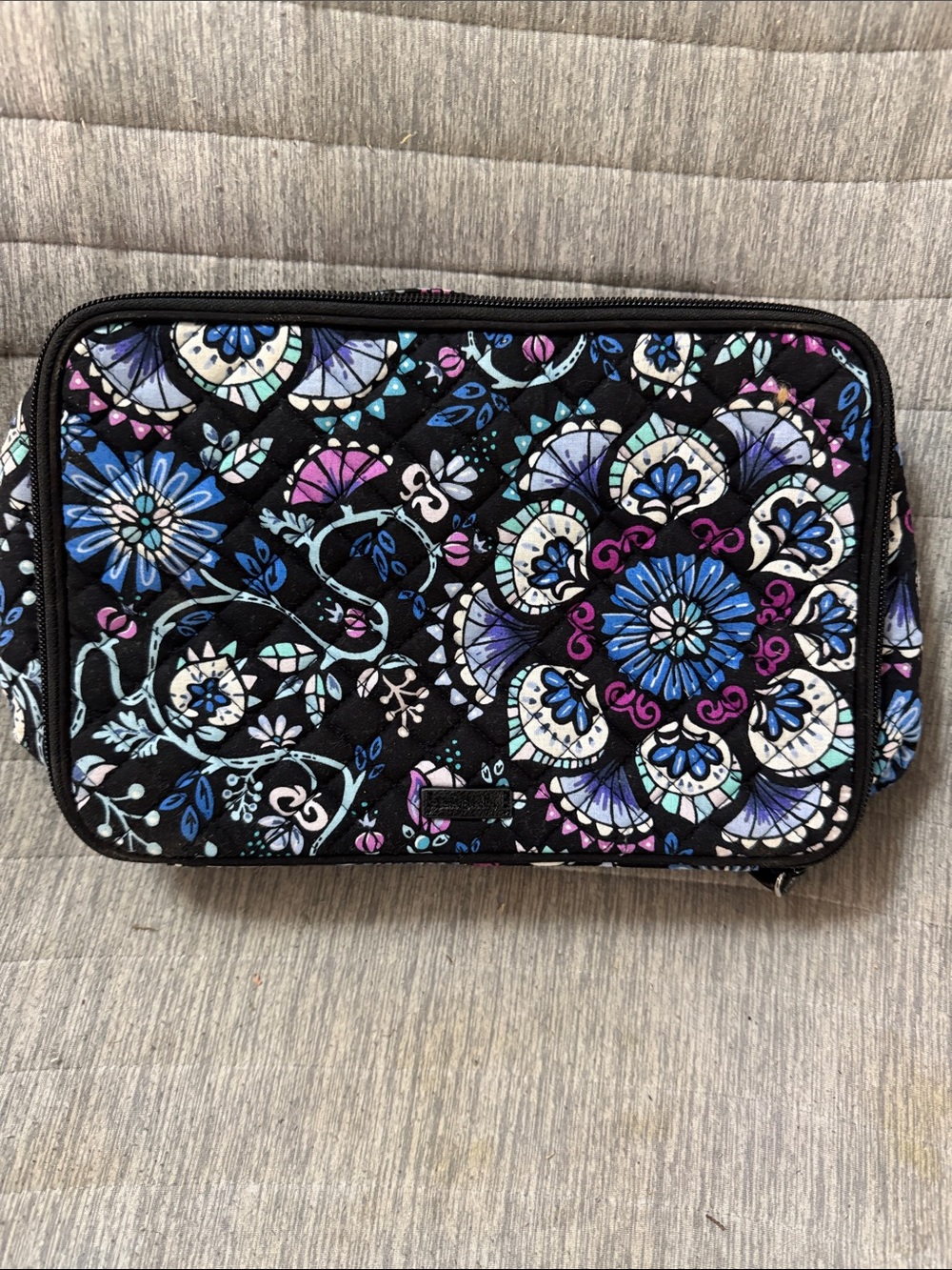 Vera Bradley Black Quilted Cosmetic Case with Blue, Pink Floral Pattern# 42